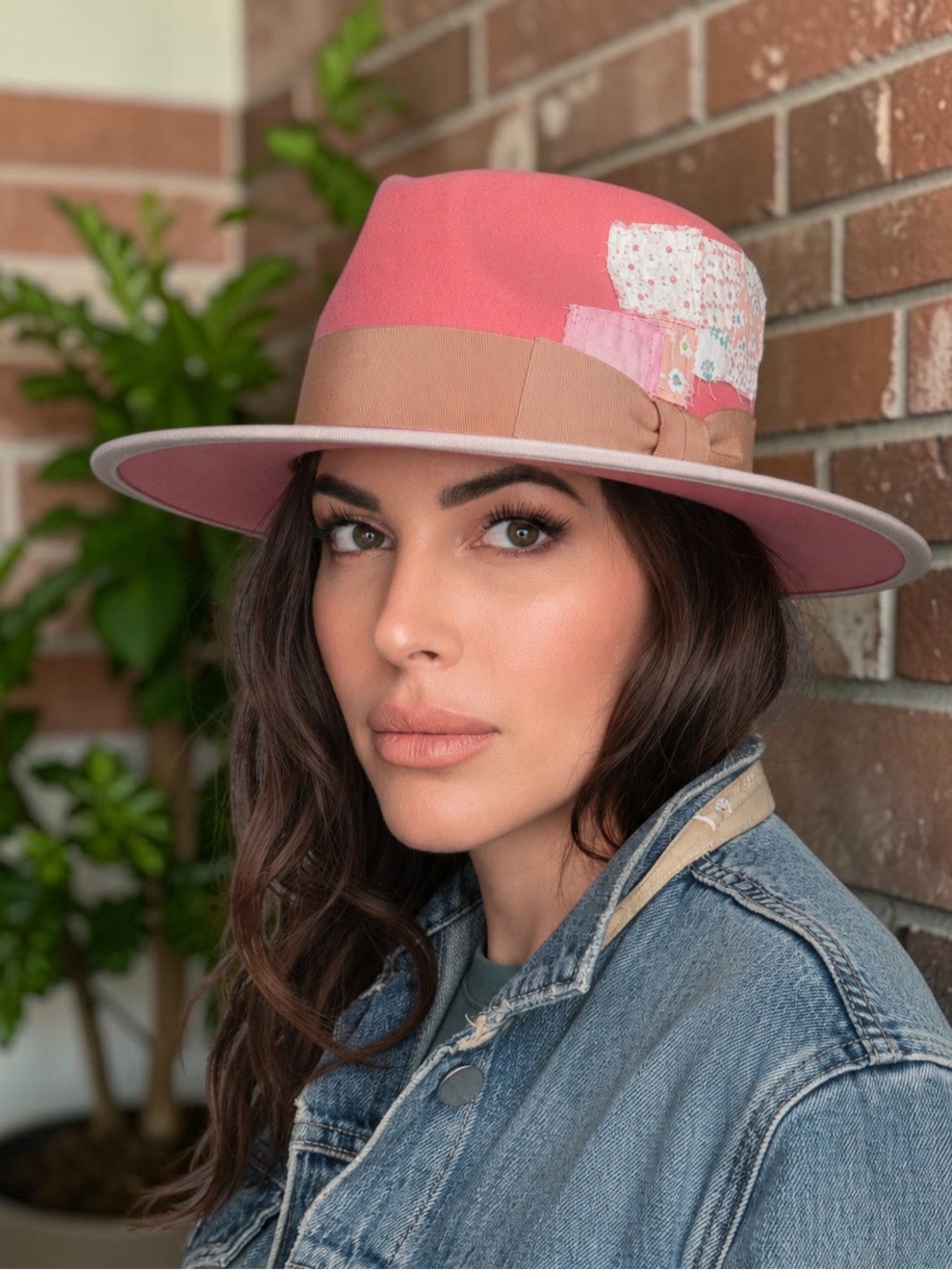 Teressa Foglia Pink Floral Patch Felt Western Fedora Hat 7 1/2